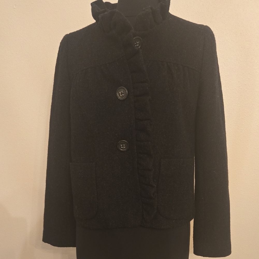 J.CREW Black 100% Wool W/Lining Ruffled Swing Jacket - Picture 2 of 4